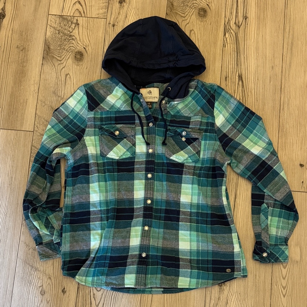 Legendary Whitetails girls size large Teal and Navy Plaid Hooded Shirt
